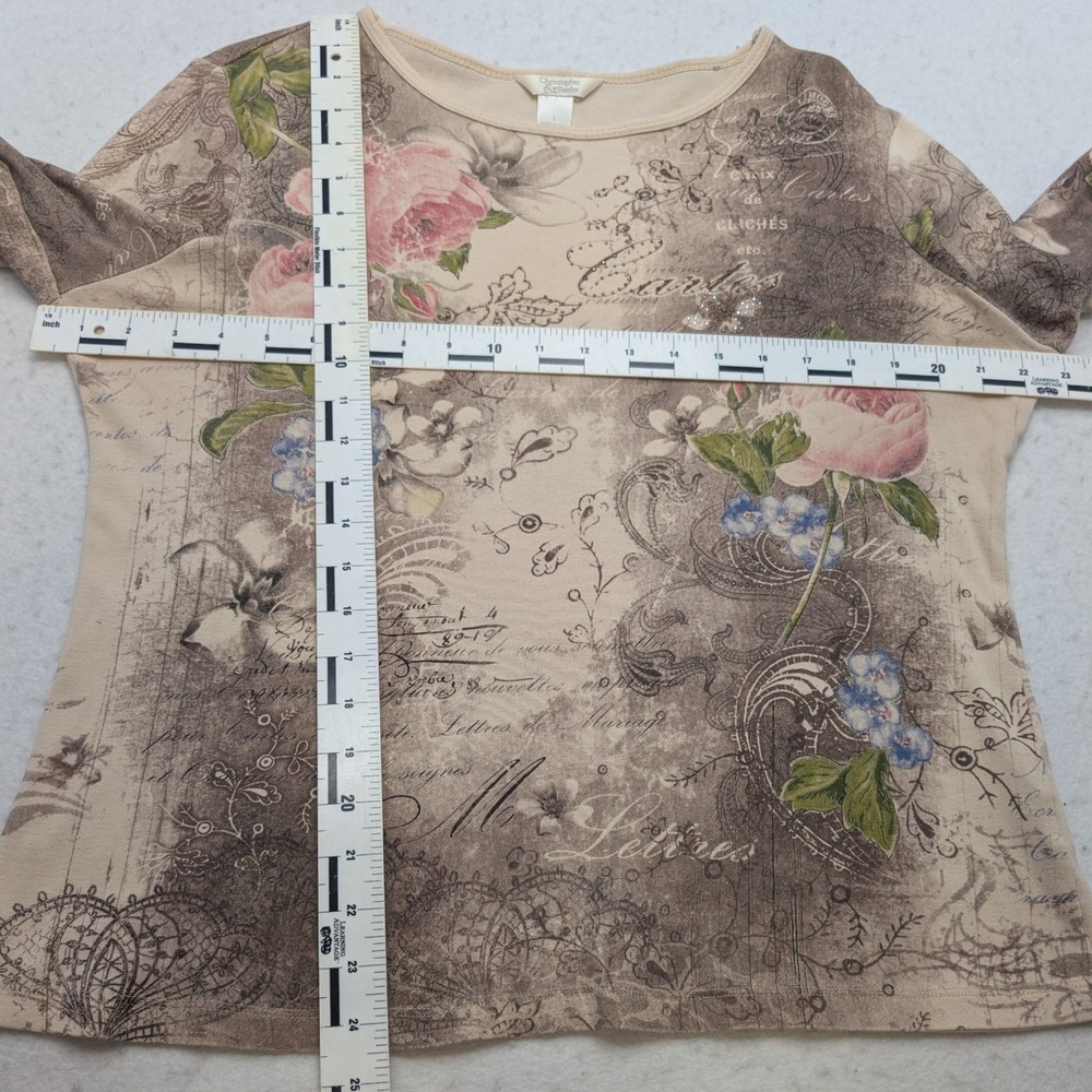 Vintage Christopher & Banks Floral Script Top Women L Beige 3/4 Sleeve Studded - Picture 5 of 9